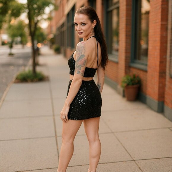 HYFVE Black Sequin Halter Crop Top & Mini Skirt Set w/ Lace-Up – Size L NWT - Picture 5 of 5